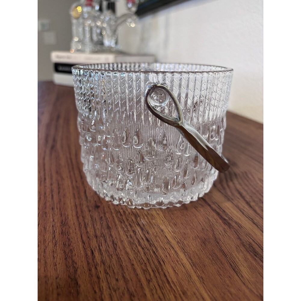 Vintage Glass Drip Ice Bucket Chrome Handle Mid Century France Glacier Barware